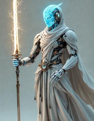 The primary subject of the image is a robot dressed in a white robe, holding a sword. The robot appears to be a futuristic warrior, possibly a character from a science fiction story. The setting is a white background, which provides a clean and minimalist appearance to the robot. The visual style is digital art, as the robot is depicted in a detailed and intricate manner. The colors and mood of the image are predominantly white, giving it a clean and serene atmosphere.